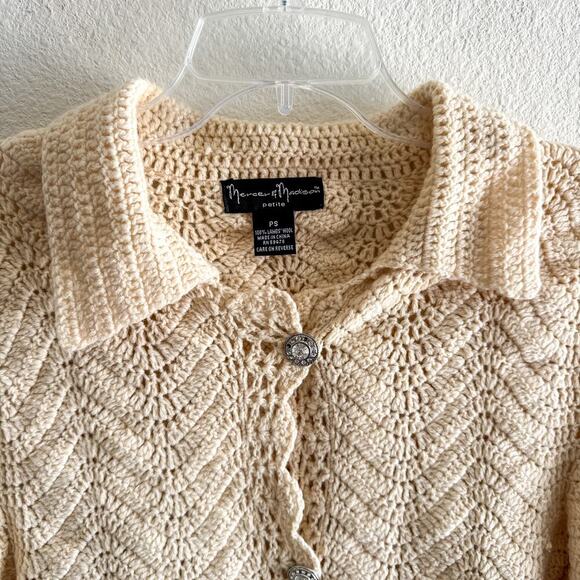 Mercer & Madison Lambswool Crochet Cardigan PS Cream Scallop Hem Crystal Buttons - Picture 7 of 11